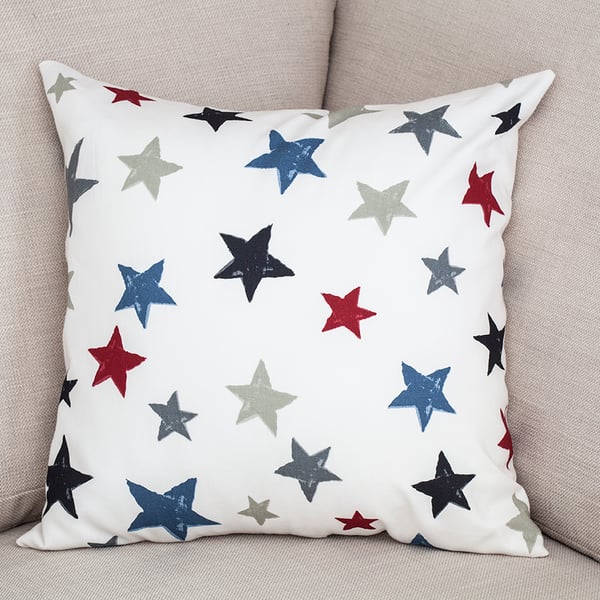 Stars Cushion Cover 18" inch ivory background red blue and grey Xmas Christmas