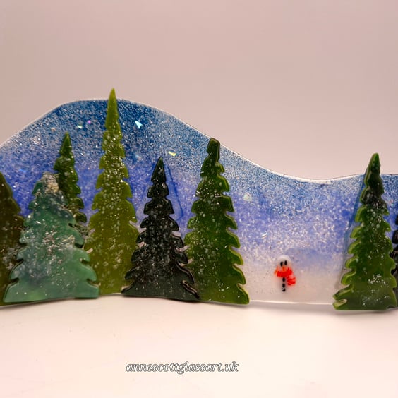 Handmade Fused Glass 3D Freestanding Christmas Night Scene with Snowman