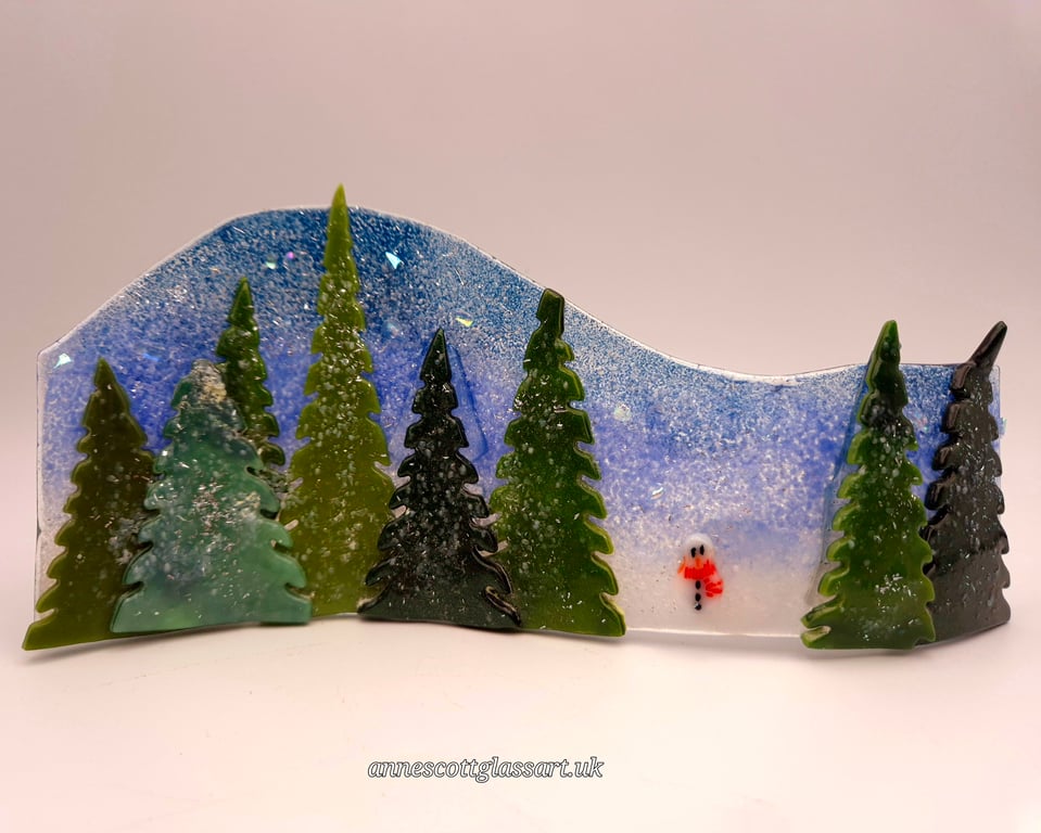 Handmade Fused Glass 3D Freestanding Christmas Night Scene with Snowman
