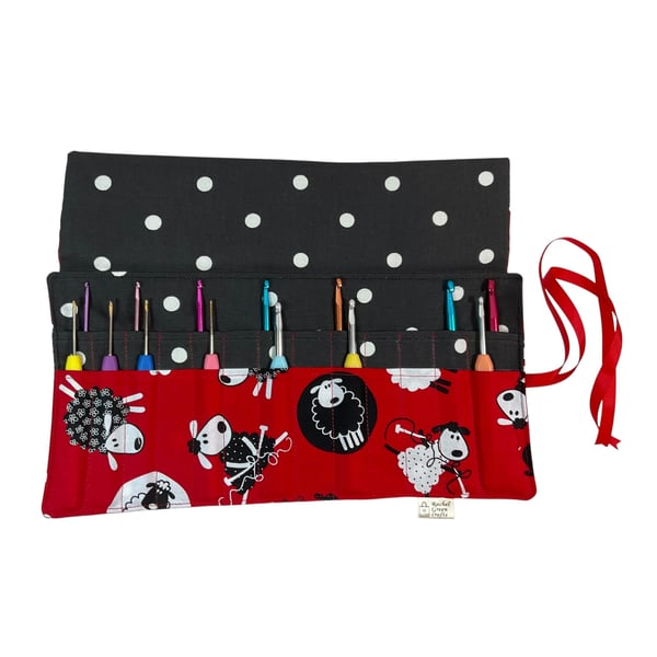 Crochet hook case with knitting sheep fabric, ergonomic roll up hook pouch 