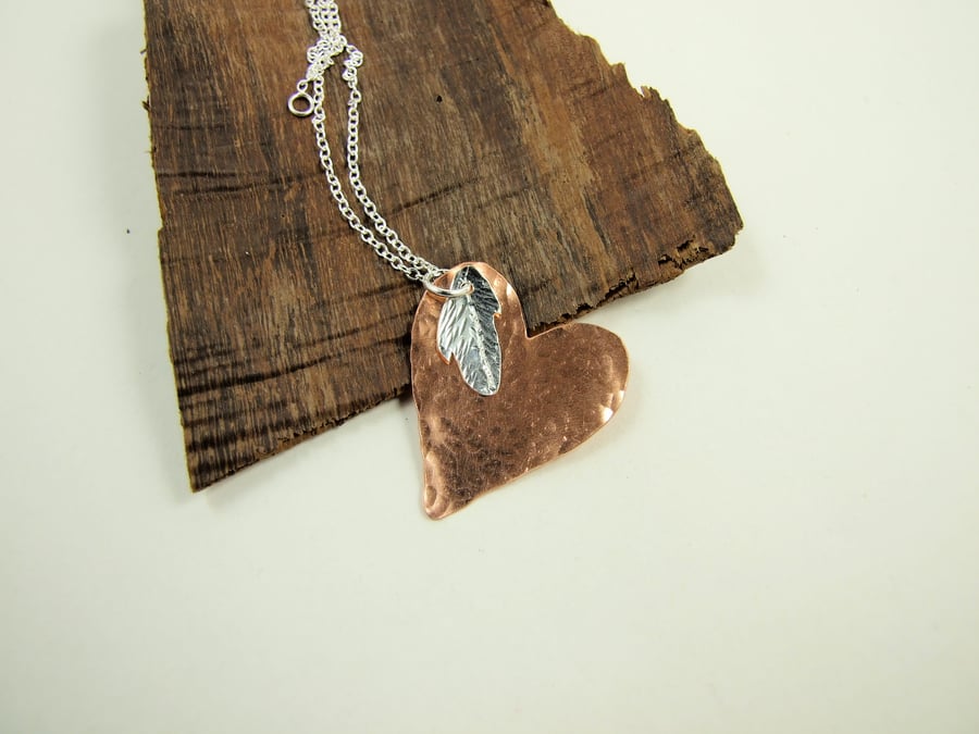 Heart and Feather Pendant Necklace, Copper and Sterling Silver, Angel Feather