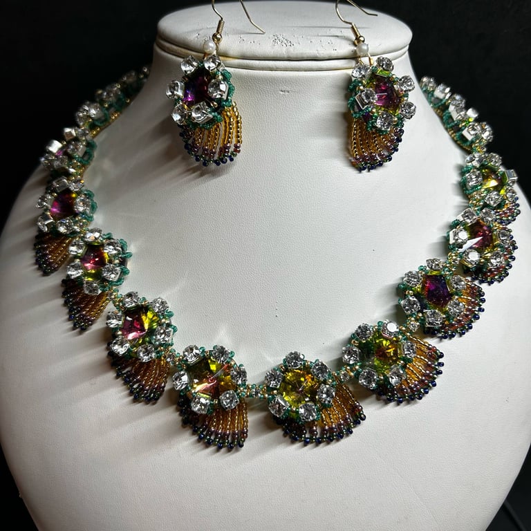 Art Deco Peacock Necklace and Earrings Set handmade crystal and seed beads