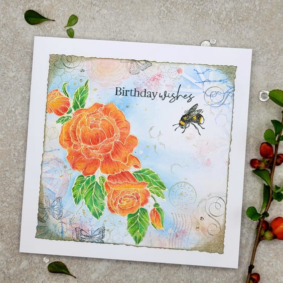 Birthday Card - rose, bee, vintage inspired, textured, blank 