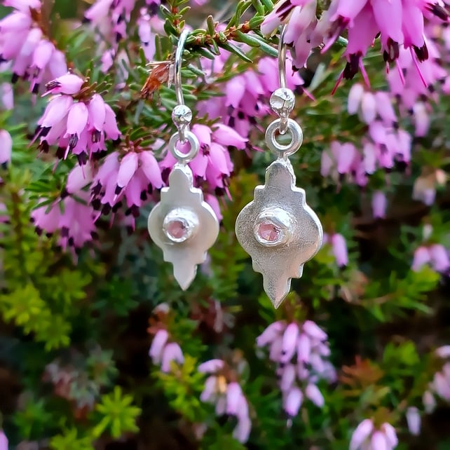 Recycled Silver Earrings - Pink Morganite Cubic Zirconia - Moroccan Style