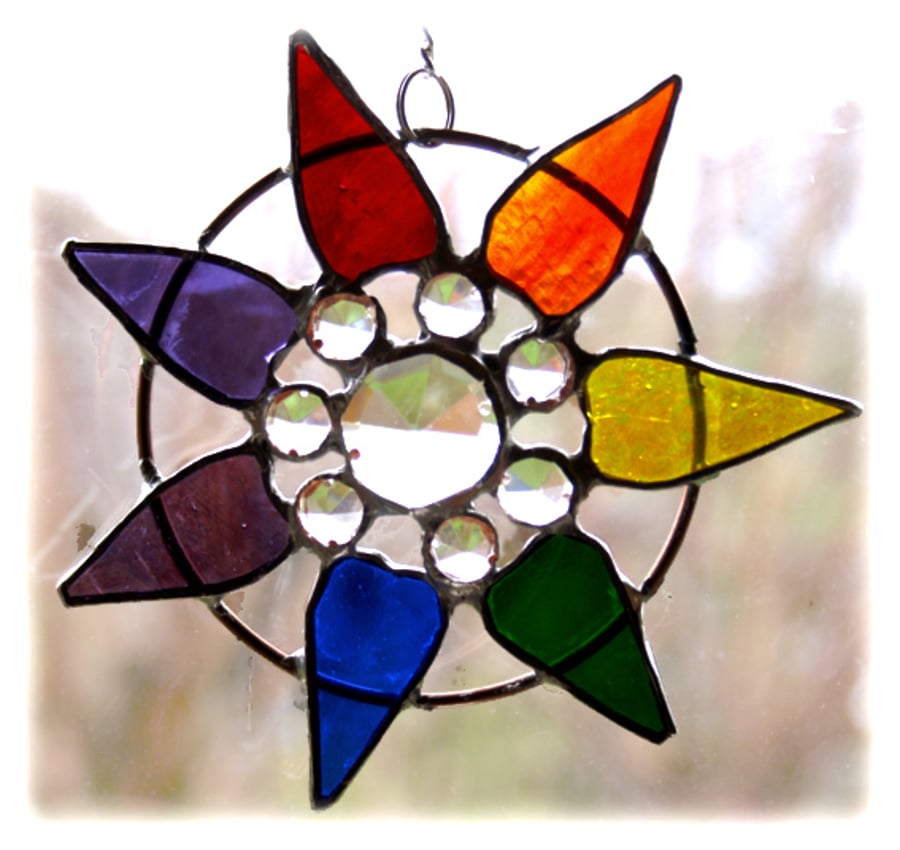 Diamond Heart Ring Rainbow Suncatcher Stained Glass Valentine Handmade 