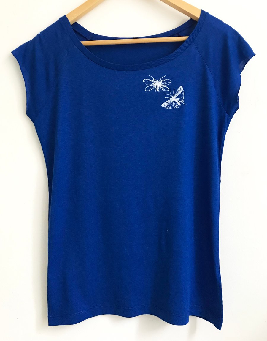  Insects Womens blue ethical T shirt with small flying insects print