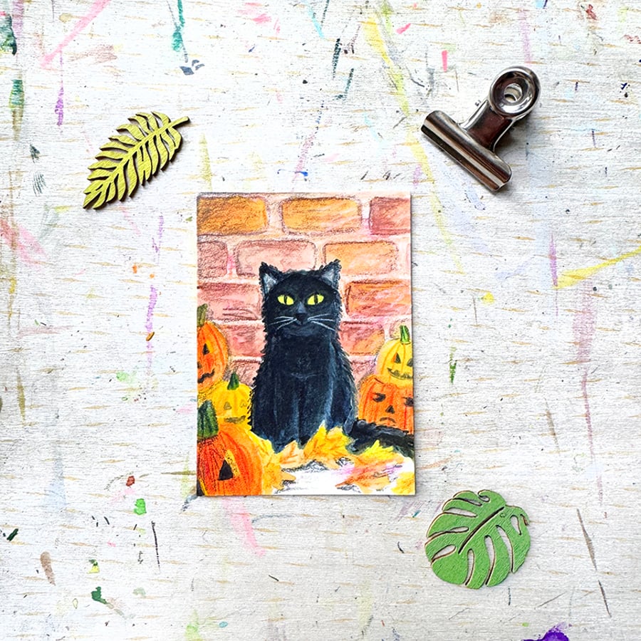 Original Aceo Black Cat Autumn Miniature painting - One of a kind