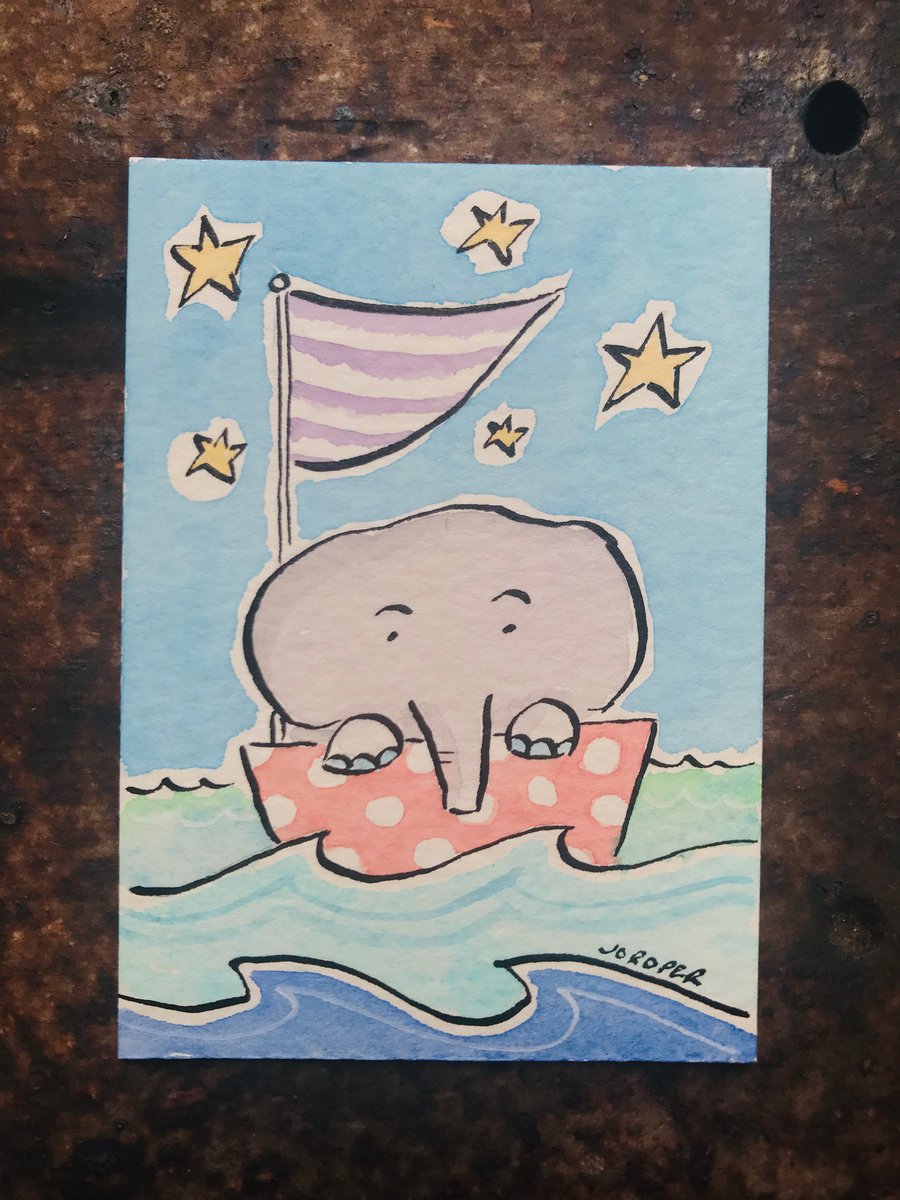 Original Painting elephant sailing flag blue  ACEO Jo Roper