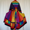 Rainbow Upcycled Coat with Long Hood  Zip Front Pockets Waist and Neck Ties.