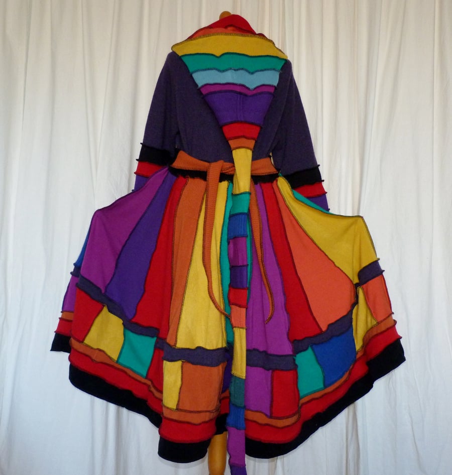 Rainbow Upcycled Coat with Long Hood  Zip Front Pockets Waist and Neck Ties.