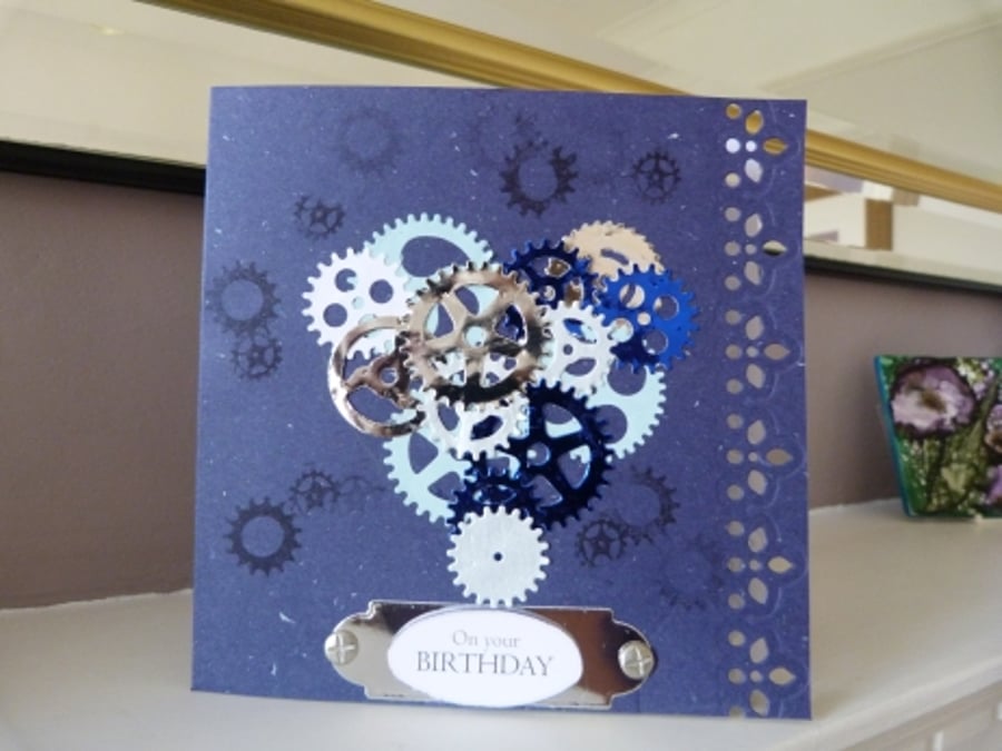 Blue Cogs Heart Birthday card