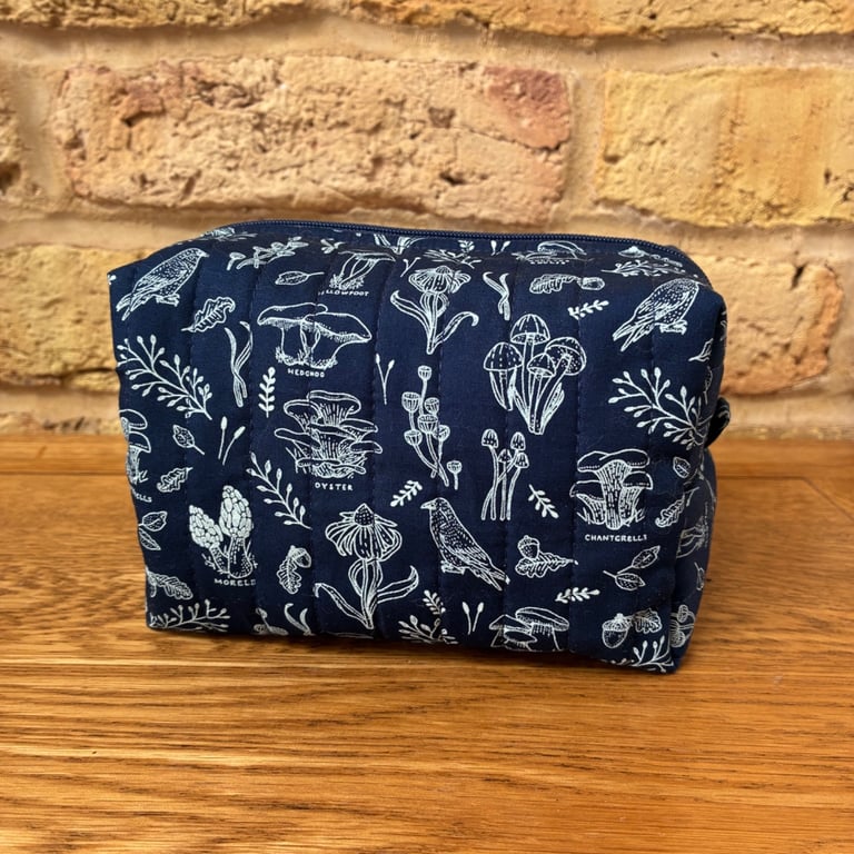 Mushroom Plants And Birds Print Quilted Fabric Box Shape Makeup Bag
