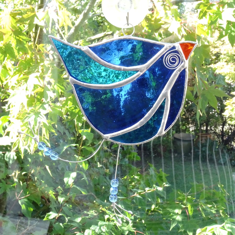 Stained Glass Funky Bird Suncatcher  - Handmade Decoration - Blue and Turquoise