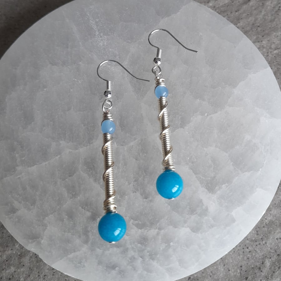 Silver Plated Wire Wrapped Drop Earrings With Blue Quartz and Quartzite