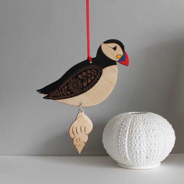 Hanging Wooden Atlantic Puffin Decoration - Etched and Hand Painted 