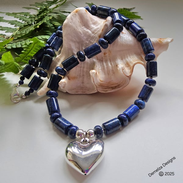 Lapis Lazuli, Sterling Silver Puffy Heart Necklace Only One Available 