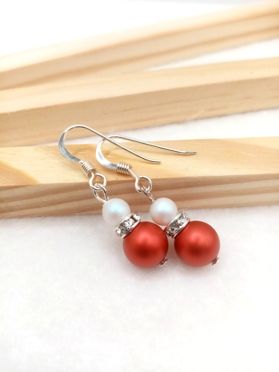 Vibrant Red Austrian Crystal Pearl Earrings - Sterling Silver Earrings