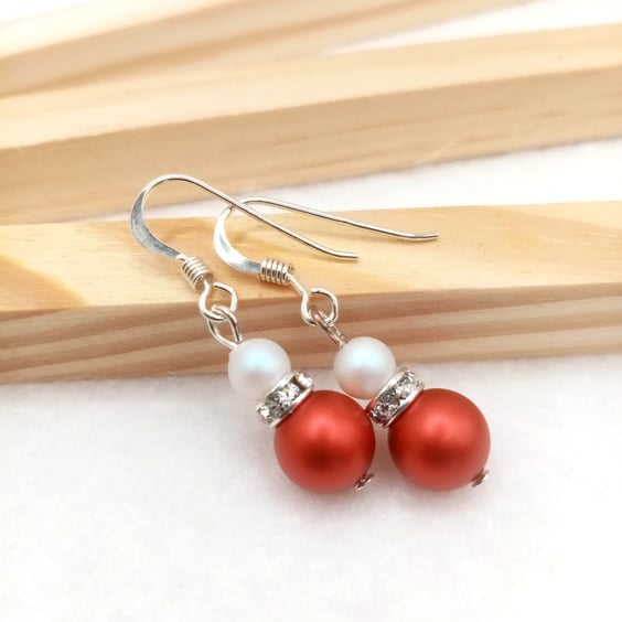Red & White Pearl Drop Earrings - Sterling Silver & Austrian Crystal