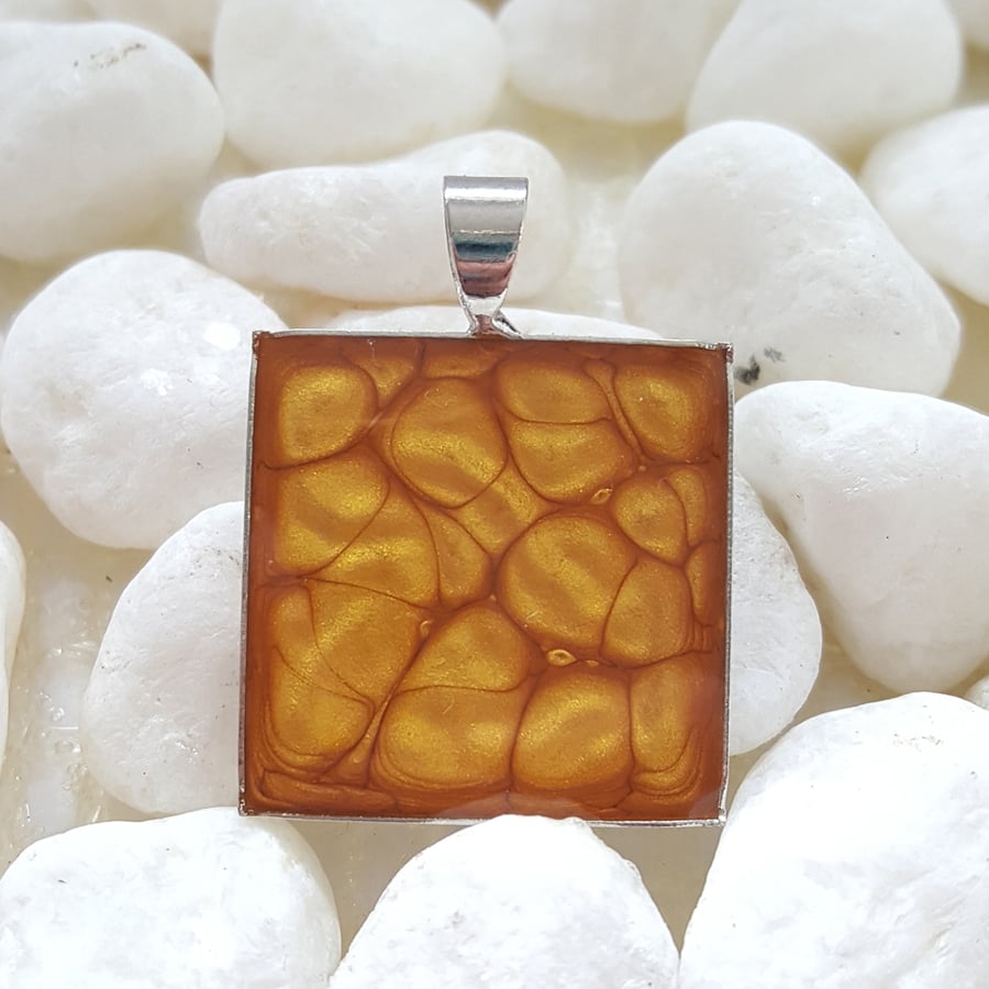Hand Painted Golden Yellow Resin Pendant Necklace - Square Pendant
