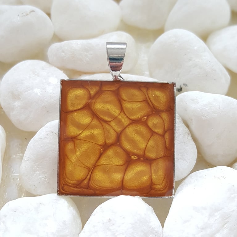 Hand Painted Golden Yellow Resin Pendant Necklace - Square Pendant