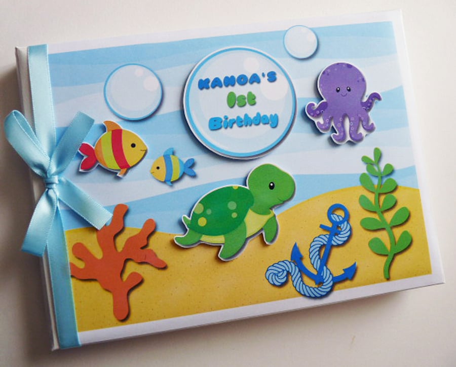 Sea animals boy birthday guest book, Ocean creatures, fish, under the sea, gift