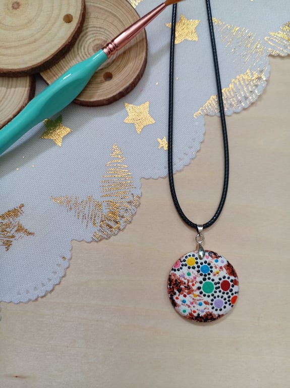 Quirky circular patterned hand painted wooden necklace 