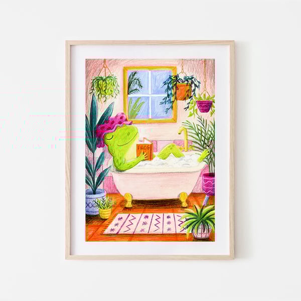 Summer Frog illustration - Frog Bath - Childrens Wall Art - A4 art print