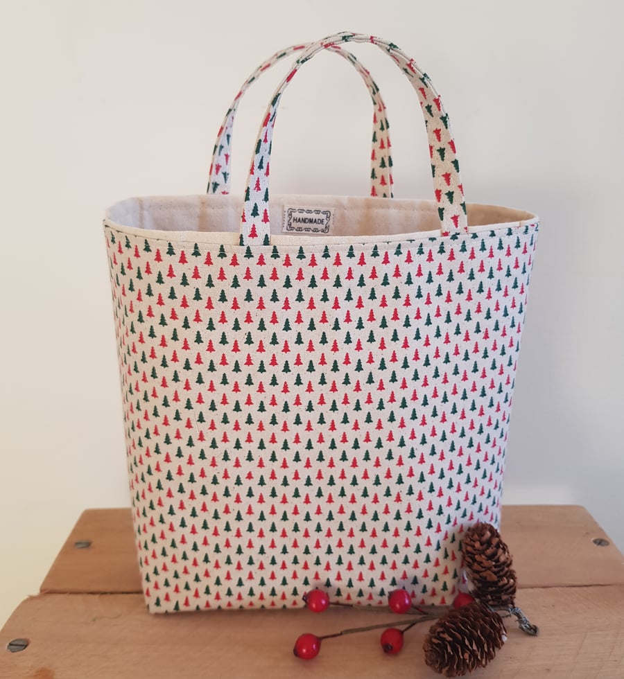 Reusable fabric Christmas gift bag; tiny trees