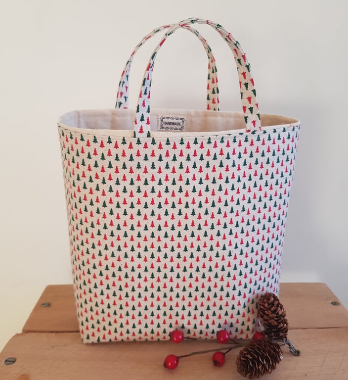 Reusable fabric Christmas gift bag; tiny trees