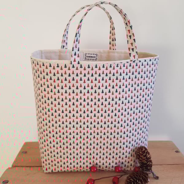Reusable fabric Christmas gift bag; tiny trees