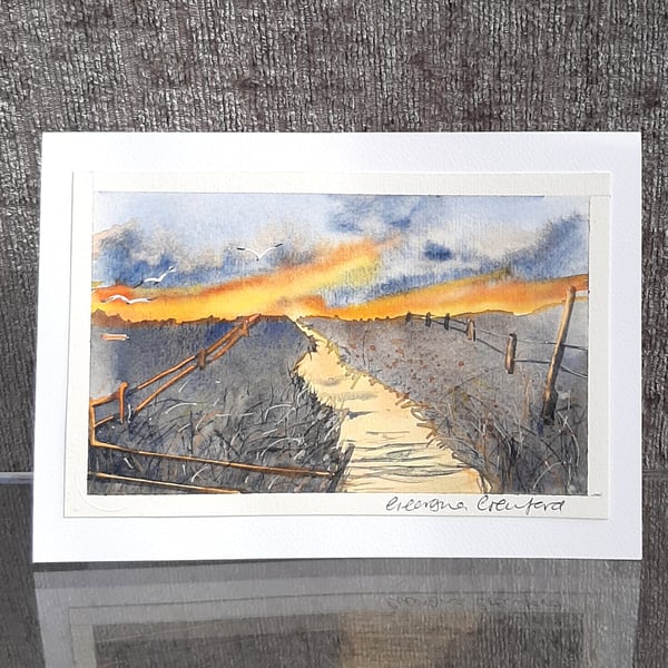 Sunset Orange. Blank Card. Original Painting. Countryside Scene. 260126