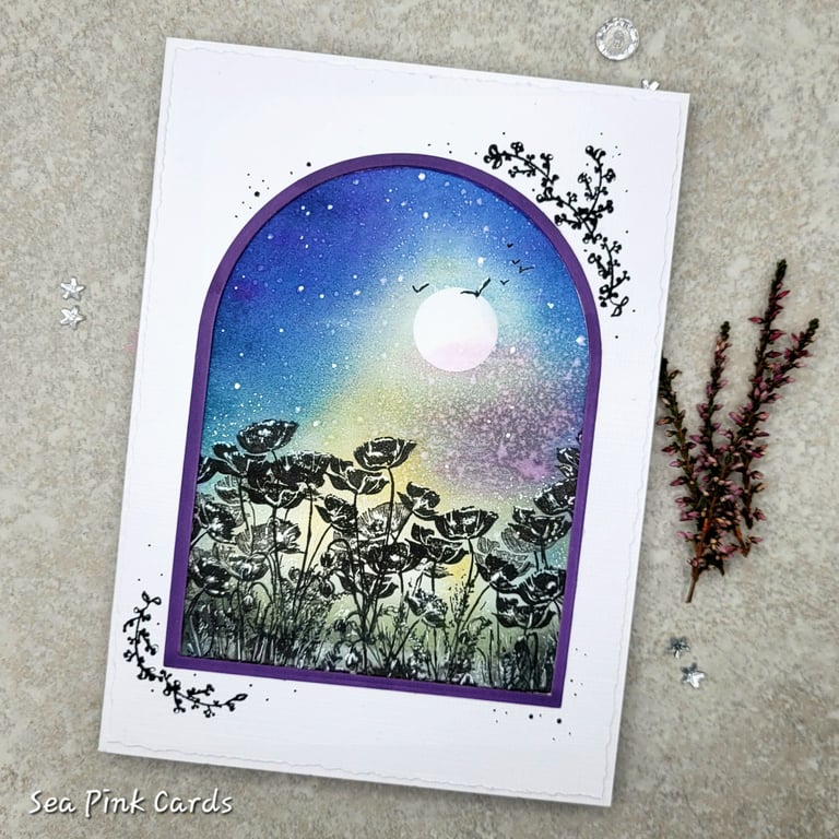 Poppies Blank Card - poppy field, moon, stars, handmade, all occasions card