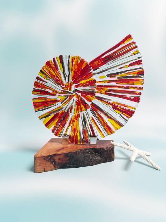 Fused Glass Ammonite-Red-Clear