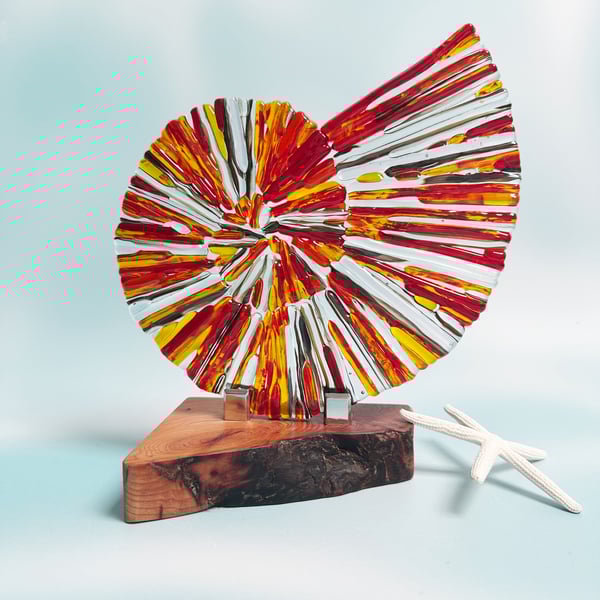 Fused Glass Ammonite-Red-Clear