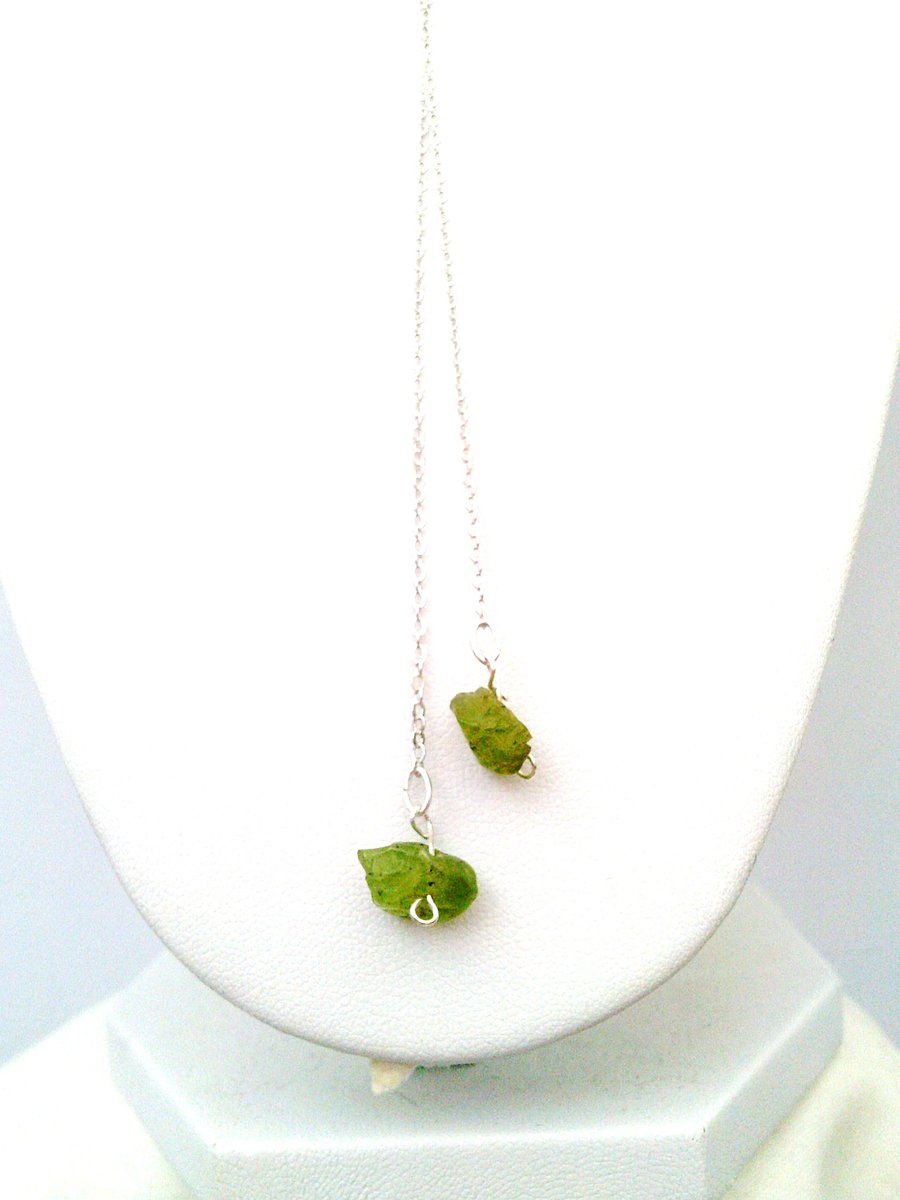 Long Sterling Silver Peridot Necklace, Raw Peridot Jewellery