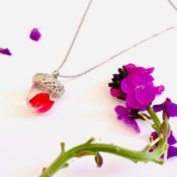 Acorn rose petal necklace, pressed flower resin jewellery