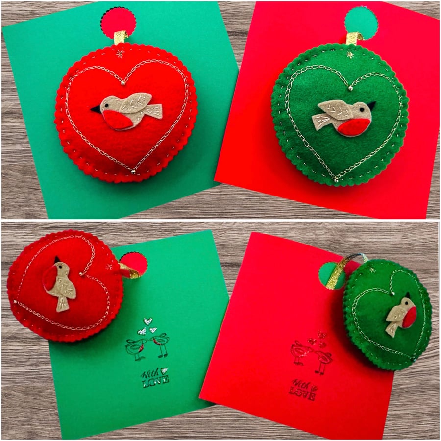 2 in 1 tree decoration and card, Christmas robins in love hearts 