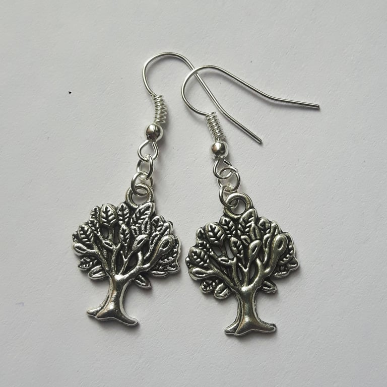 Tree Drop Dangle Earrings Silver Plate 