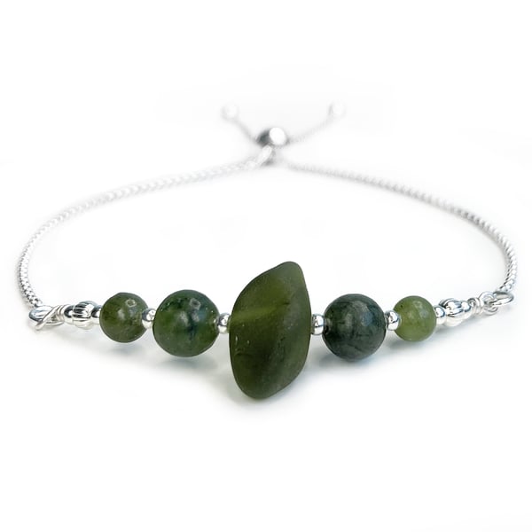 Green Sea Glass Bracelet Sterling Silver Slider Bracelet with Jade Crystal Beads
