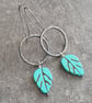 Turquoise leaf earrings, Large oxidised silver hoops, Howlite gemstone - Image 7
