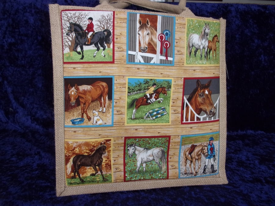Jute Bag with Horses Fabric Pocket