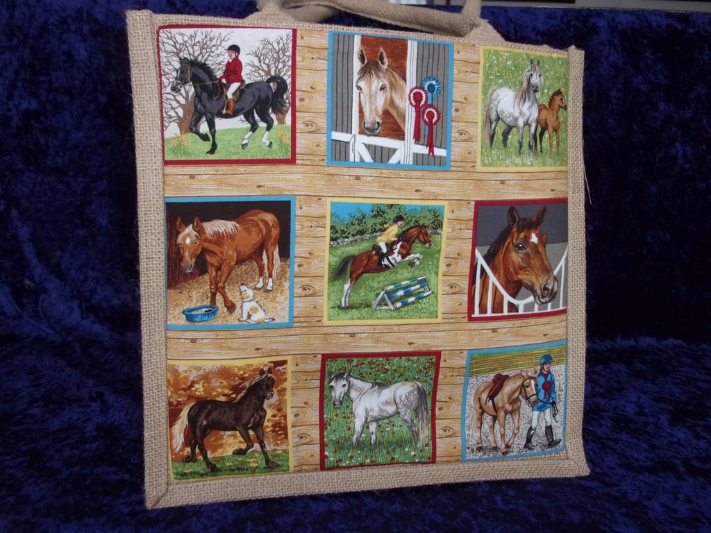 Jute Bag with Horses Fabric Pocket