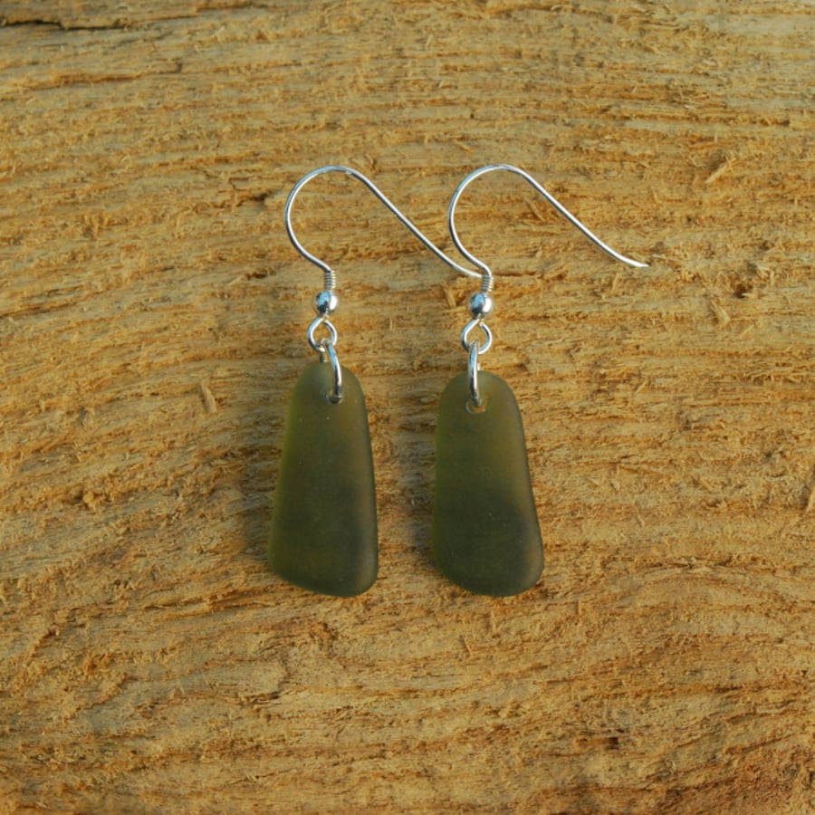 Olive green beach glass earrings