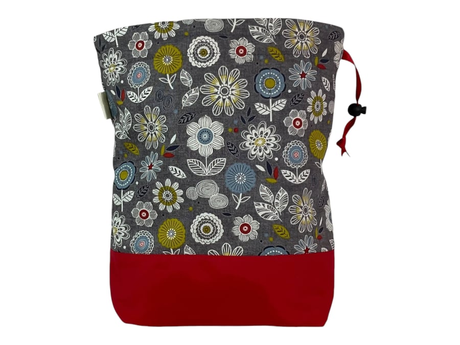 two at a time knitting bag with floral  print, drawstring divided pouch, 