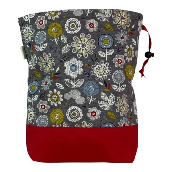 two at a time knitting bag with floral  print, drawstring divided pouch, 