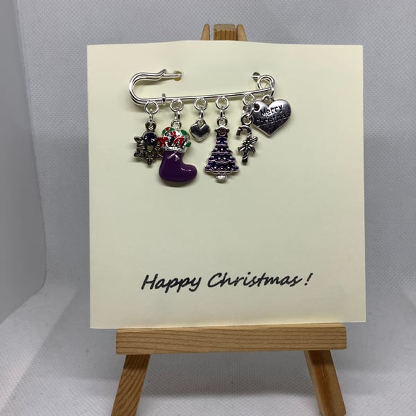 Handmade Christmas Kilt pin brooch, attached to a hand stamped greetings card ()