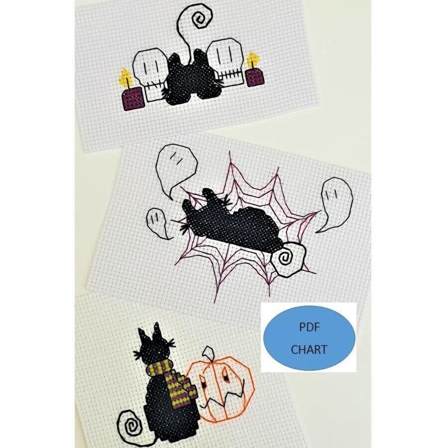 Halloween Black Cat Cross Stitch Patterns: Set of 3 (Digital Download)