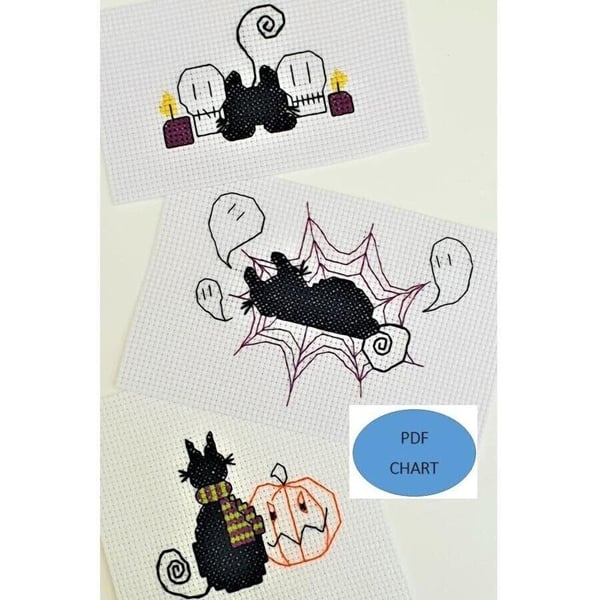 Halloween Black Cat Cross Stitch Patterns: Set of 3 (Digital Download)