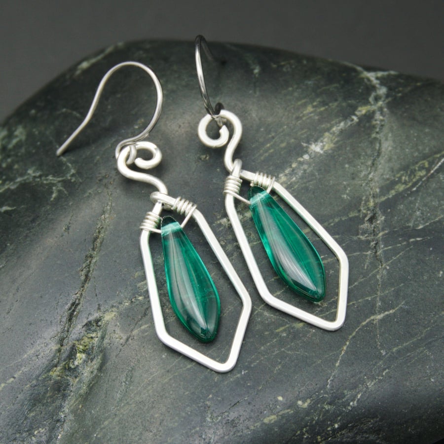 Hammered Sterling Silver Earrings with Green Glass Dagger Beads