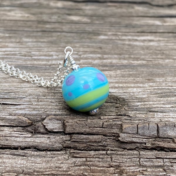 Turquoise round Lampwork Glass Pendant Necklace. Sterling Silver. 